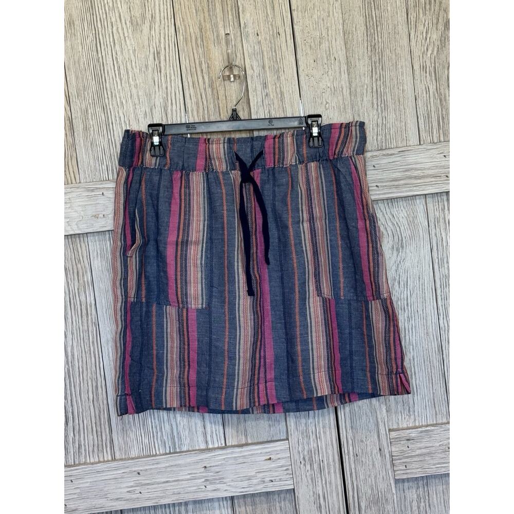 Dash Linen Blend Mini Skirt Women's Large Coral Navy Stripe Drawstring Pockets - Picture 1 of 4
